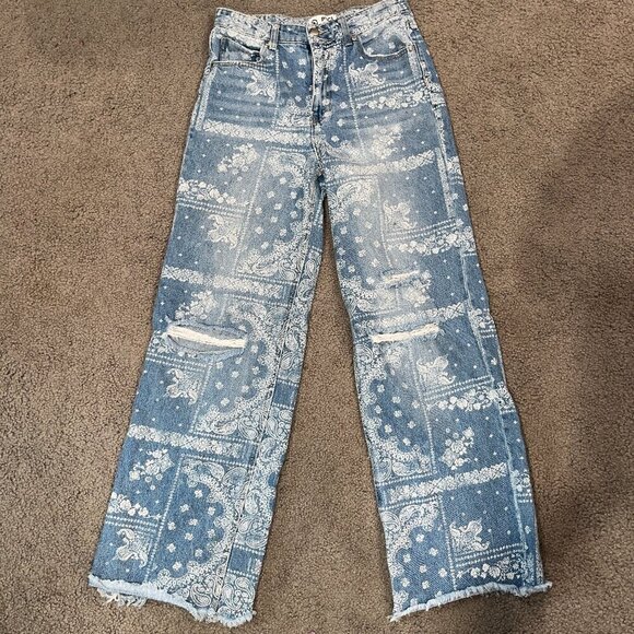 PTCL ETHICAL CLOTHING Hazel Jeans Bandana Print High Rise Wide Leg Distressed 27 - Picture 1 of 13